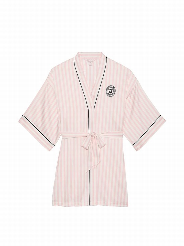 Pink / Stripes Victoria Secret Iconic Satin Piped Robe Lingerie | OSTNR9548