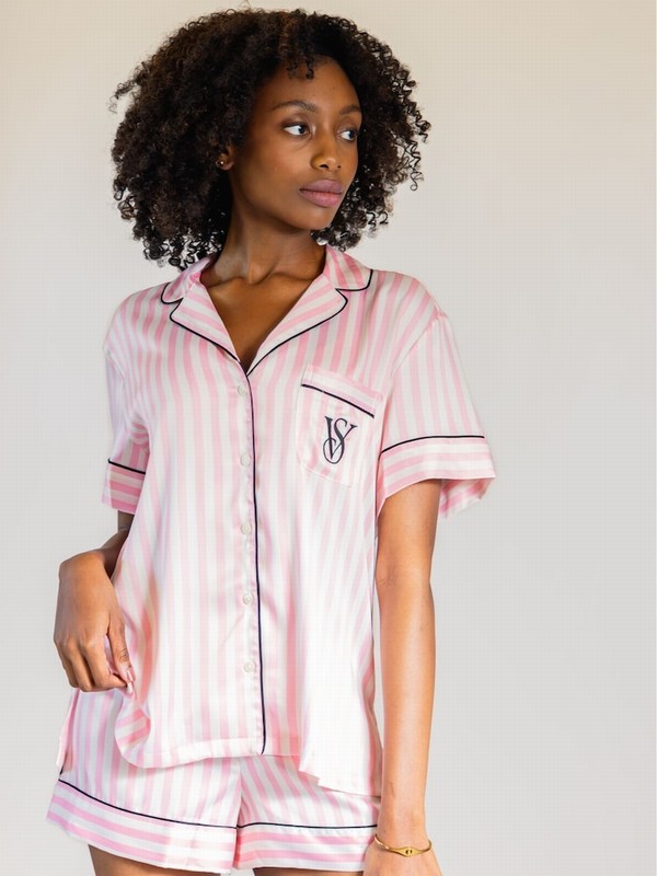 Pink / Stripes Victoria Secret Iconic Sleeve London Satin Nightwear | TVZRW1942