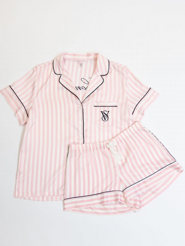 Pink / Stripes Victoria Secret Iconic Sleeve London Satin Nightwear | TVZRW1942