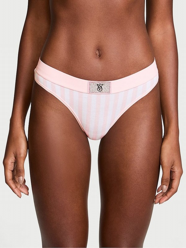 Pink / Stripes Victoria Secret Pretty Blossom Thong Logo Shine Patch Underwear | QZEFJ0643
