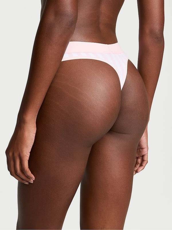 Pink / Stripes Victoria Secret Pretty Blossom Thong Logo Shine Patch Underwear | QZEFJ0643