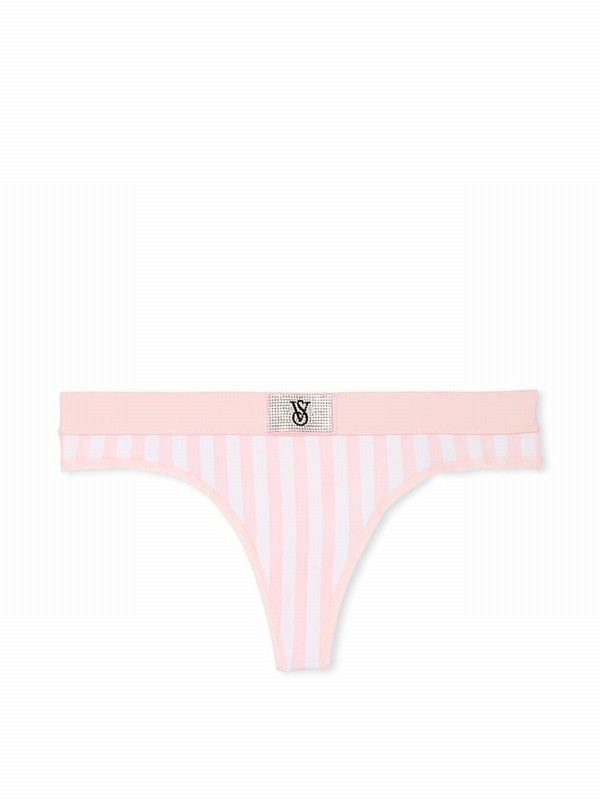 Pink / Stripes Victoria Secret Pretty Blossom Thong Logo Shine Patch Underwear | QZEFJ0643