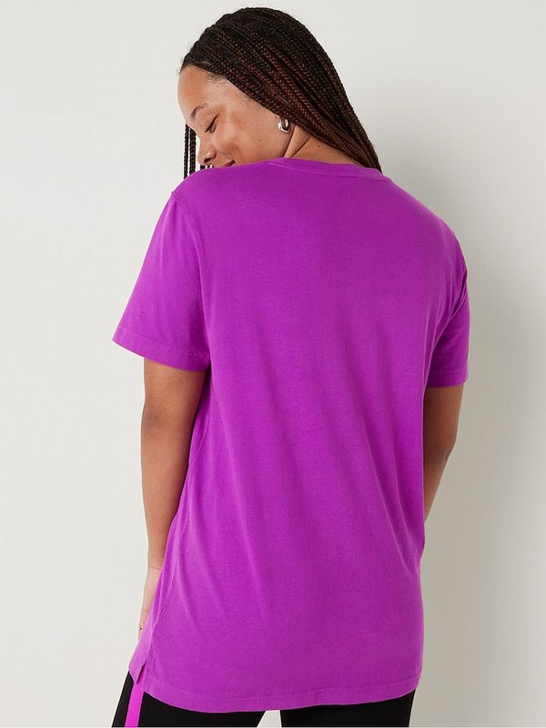 Purple Victoria Secret Cotton Sleeve Campus T Shirts | TYQMC7205