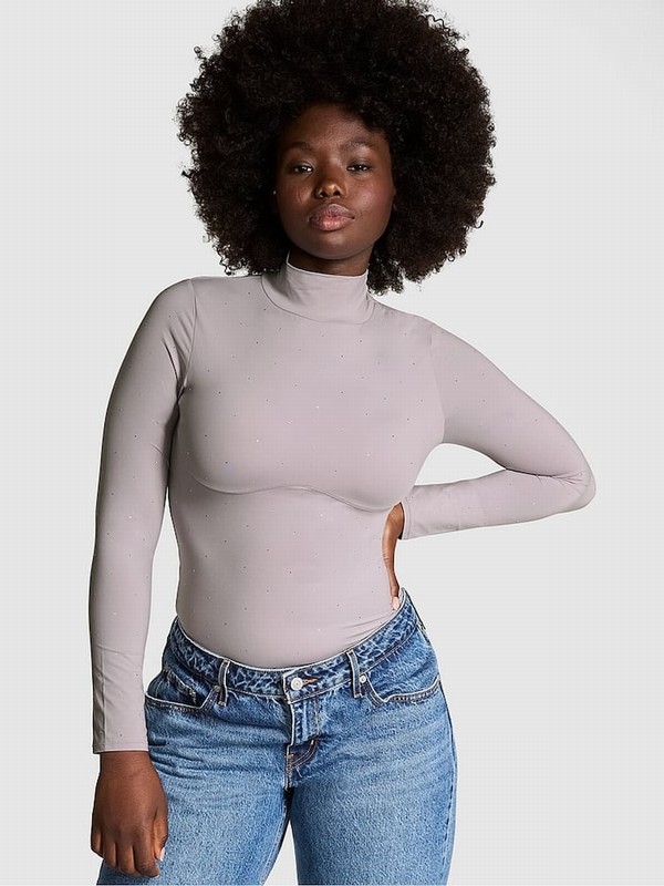 Purple Victoria Secret Dutsy Diamante Mock Neck Soft Stretch T Shirts | PDFTE6013