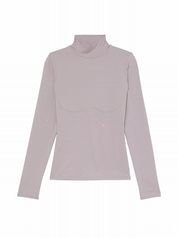 Purple Victoria Secret Dutsy Diamante Mock Neck Soft Stretch T Shirts | PDFTE6013