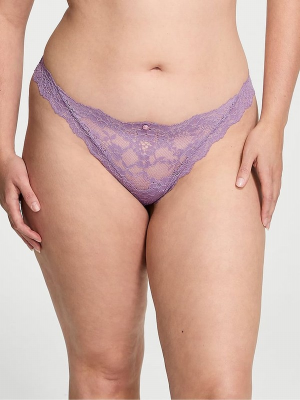 Purple Victoria Secret Frozen Plum Lace Thong Underwear | KAGUD8715