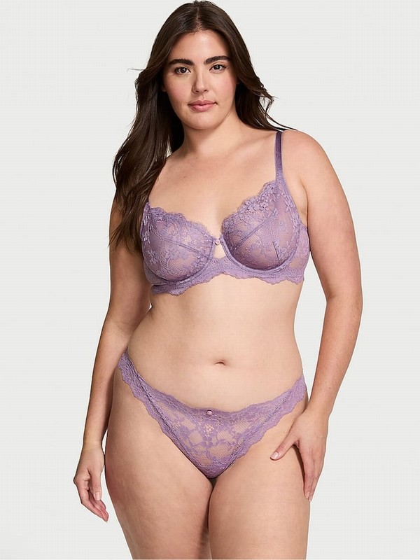 Purple Victoria Secret Frozen Plum Lace Thong Underwear | KAGUD8715
