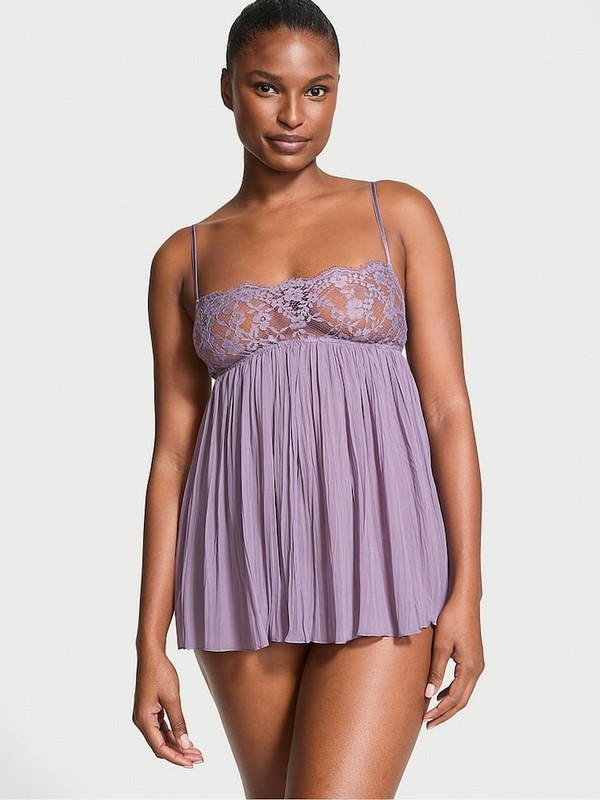 Purple Victoria Secret Frozen Plum Lace Top Pleated Babydoll Set Lingerie | QWEMJ1826