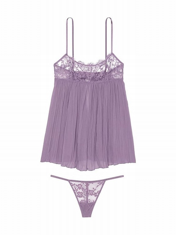 Purple Victoria Secret Frozen Plum Lace Top Pleated Babydoll Set Lingerie | QWEMJ1826