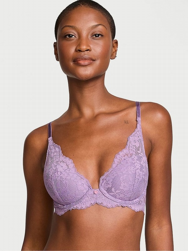 Purple Victoria Secret Frozen Plum Lace Half Pad Plunge Bras | ZOITR7059
