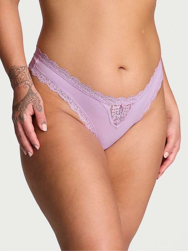 Purple Victoria Secret Silky Lilac Lace Trim Thong Underwear | TPRXV7190