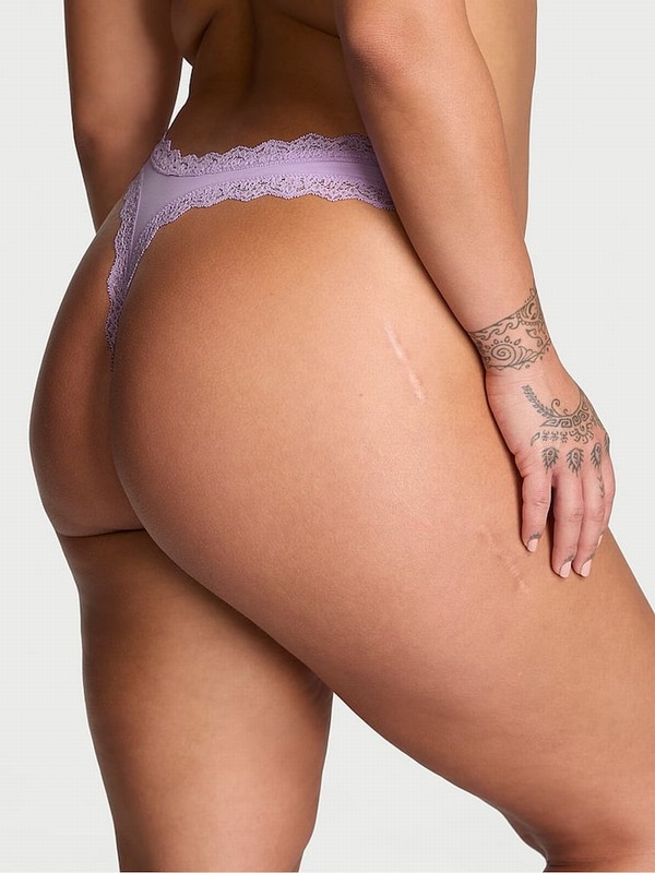 Purple Victoria Secret Silky Lilac Lace Trim Thong Underwear | TPRXV7190