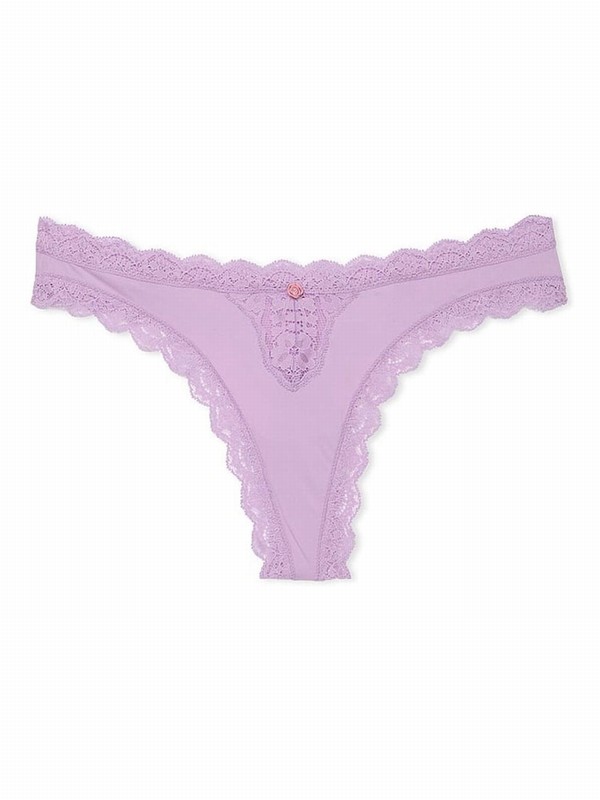 Purple Victoria Secret Silky Lilac Lace Trim Thong Underwear | TPRXV7190