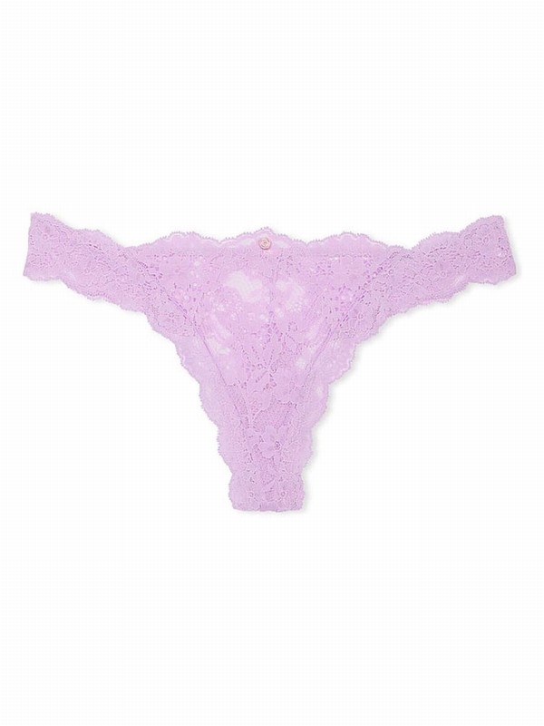 Purple Victoria Secret Silky Lilac Lace Thong Underwear | LVKRM7135