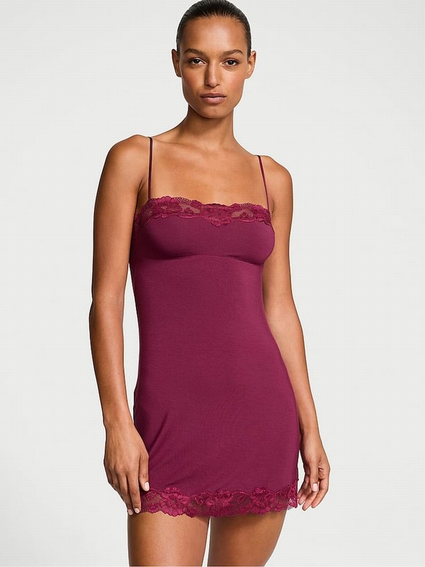 Purple / Dark Red Victoria Secret Plum Rouge Modal Straight Neck Slip Nightwear | YGKUM8159