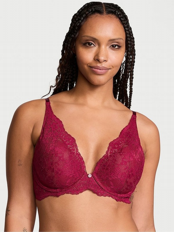 Red Victoria Secret Campari Lace Half Pad Plunge Bras | WKHDZ5219