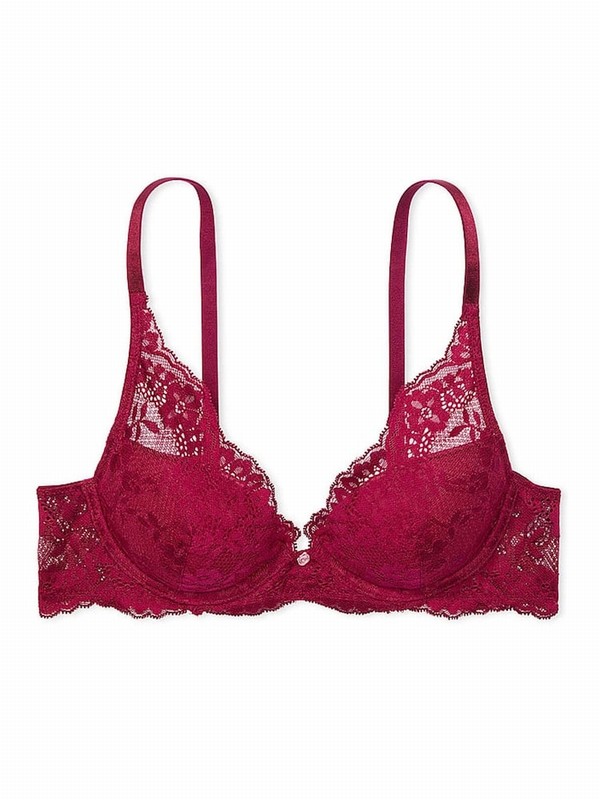 Red Victoria Secret Campari Lace Half Pad Plunge Bras | WKHDZ5219