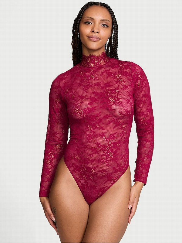 Red Victoria Secret Campari Lace Long Sleeve Bodysuit Lingerie | WOKUY2847