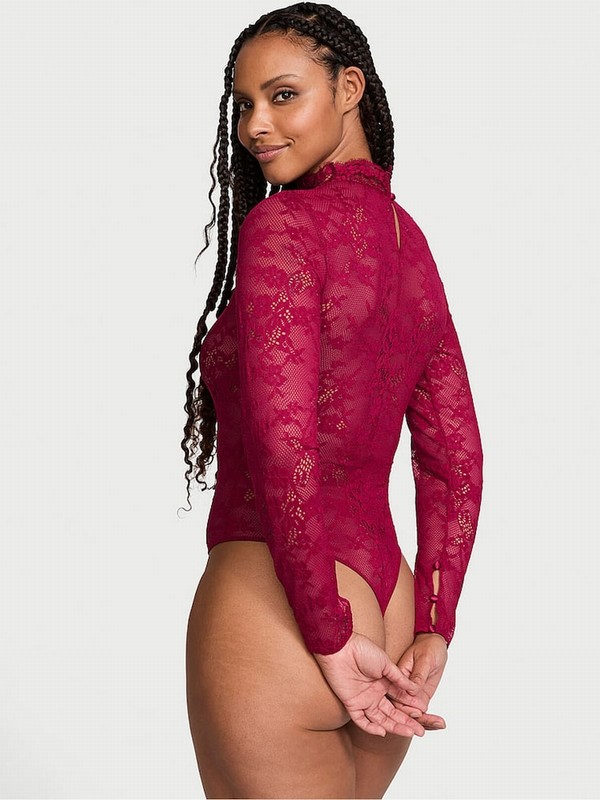 Red Victoria Secret Campari Lace Long Sleeve Bodysuit Lingerie | WOKUY2847