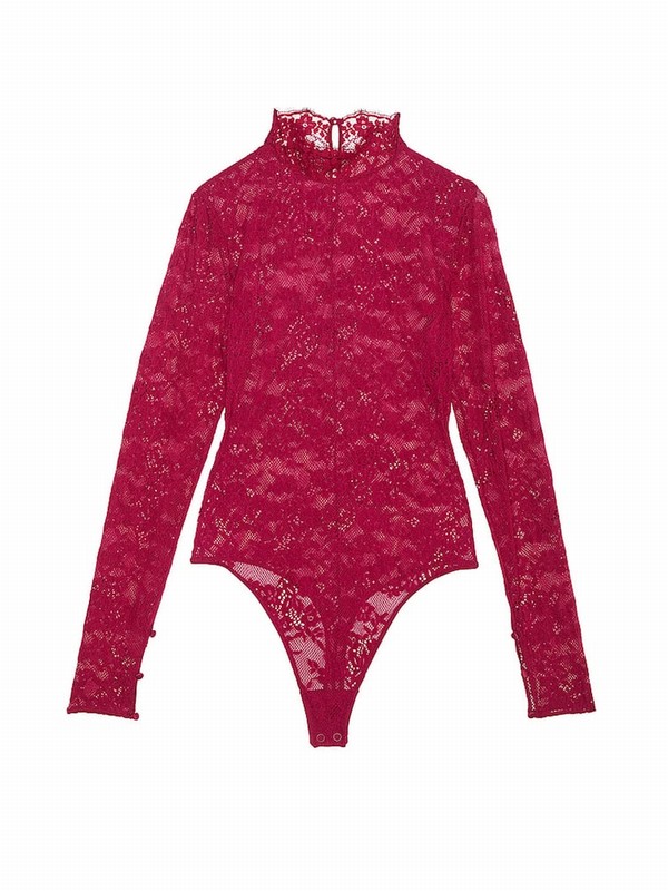Red Victoria Secret Campari Lace Long Sleeve Bodysuit Lingerie | WOKUY2847