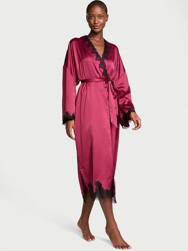 Red Victoria Secret Campari Satin Lace Trim Open Back Robe Nightwear | JECVL2736