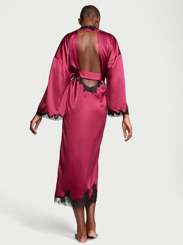 Red Victoria Secret Campari Satin Lace Trim Open Back Robe Lingerie | BACGK8720
