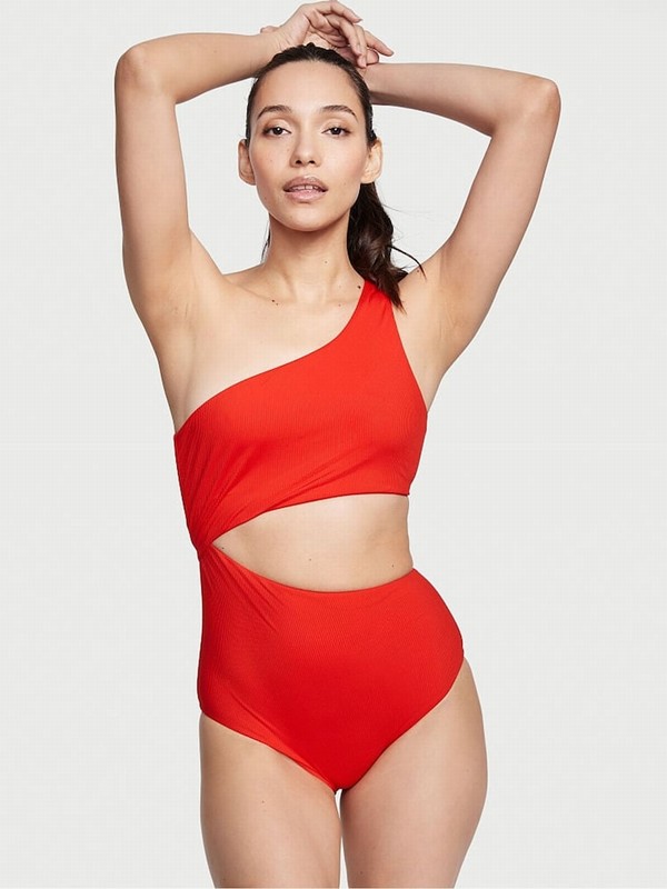 Red Victoria Secret Flame Rib One Shouldersuit Swimsuits | ZDSJY0284