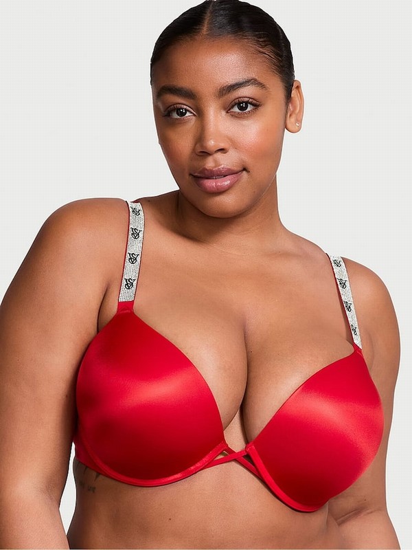 Red Victoria Secret Lipstick Bombshell Add 2 Cups Push Up Shine Strap Bras | ADTSC4786