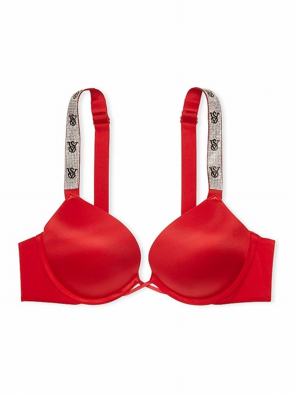 Red Victoria Secret Lipstick Bombshell Add 2 Cups Push Up Shine Strap Bras | ADTSC4786