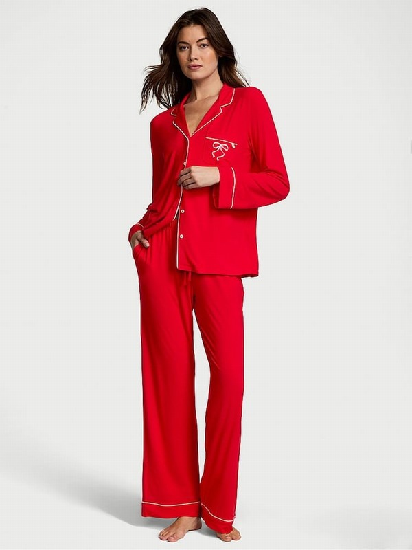 Red Victoria Secret Lipstick Bow Graphic Modal Long Nightwear | ERTDZ0275