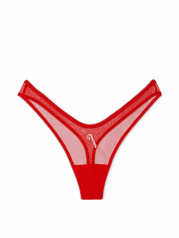 Red Victoria Secret Lipstick Candy Cane Mesh Thong Underwear | AIVWG9528