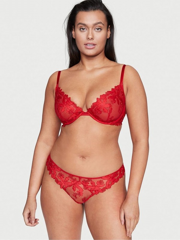 Red Victoria Secret Lipstick EmbroideUnlined Demi Bras | XEKZI7849
