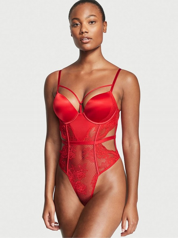 Red Victoria Secret Lipstick Fishnet Bombshell Bodysuit Lingerie | FEHUZ8932