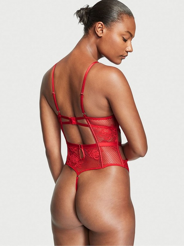 Red Victoria Secret Lipstick Fishnet Bombshell Bodysuit Lingerie | FEHUZ8932