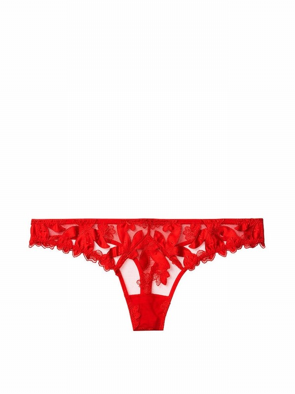 Red Victoria Secret Lipstick Floral EmbroideThong Panty Underwear | OACNG9716