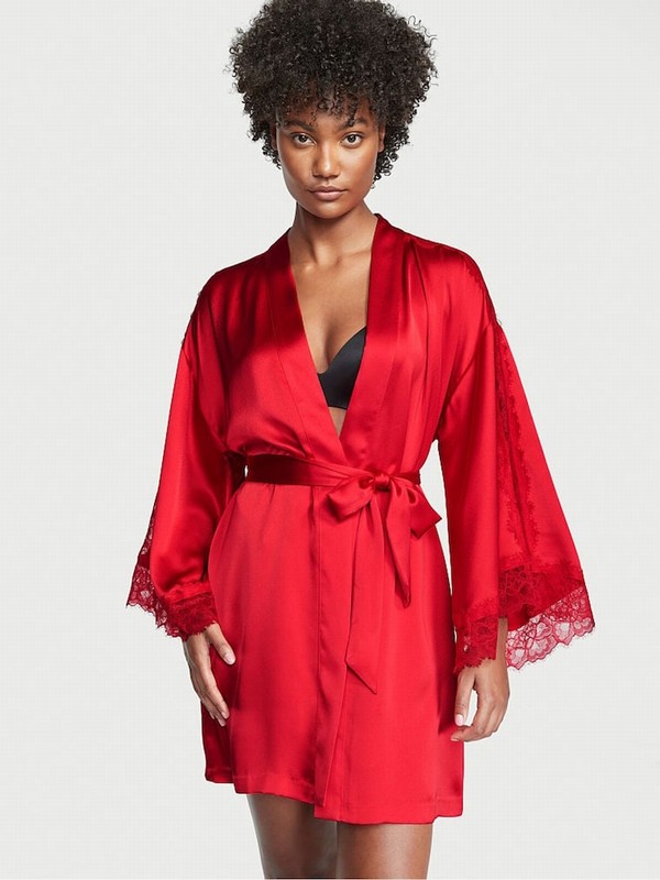 Red Victoria Secret Lipstick Lace Inset Robe Nightwear | XZAJS8294