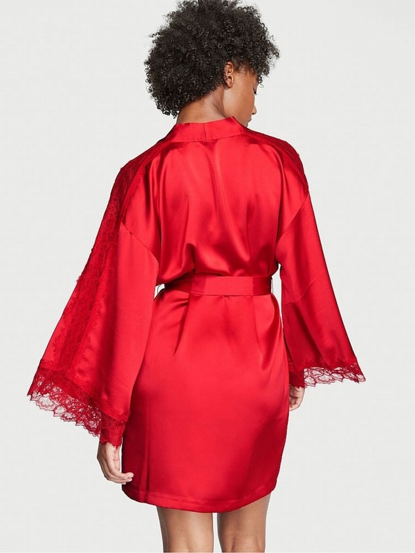 Red Victoria Secret Lipstick Lace Inset Robe Nightwear | XZAJS8294