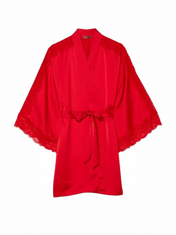 Red Victoria Secret Lipstick Lace Inset Robe Nightwear | XZAJS8294
