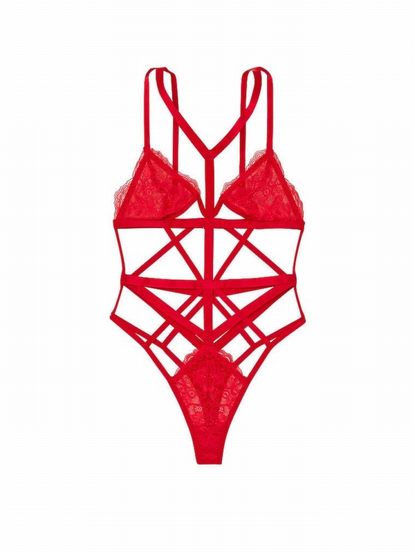Red Victoria Secret Lipstick Lace Strappy Bodysuit Lingerie | NQJTR9175
