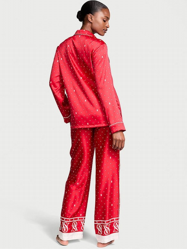 Red Victoria Secret Lipstick Logo Pin Dot Satin Long Nightwear | VSKYL9624