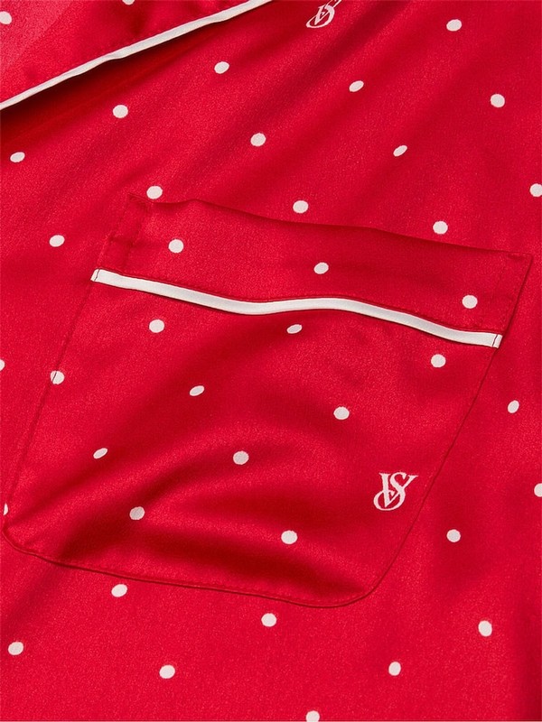 Red Victoria Secret Lipstick Logo Pin Dot Satin Long Nightwear | VSKYL9624