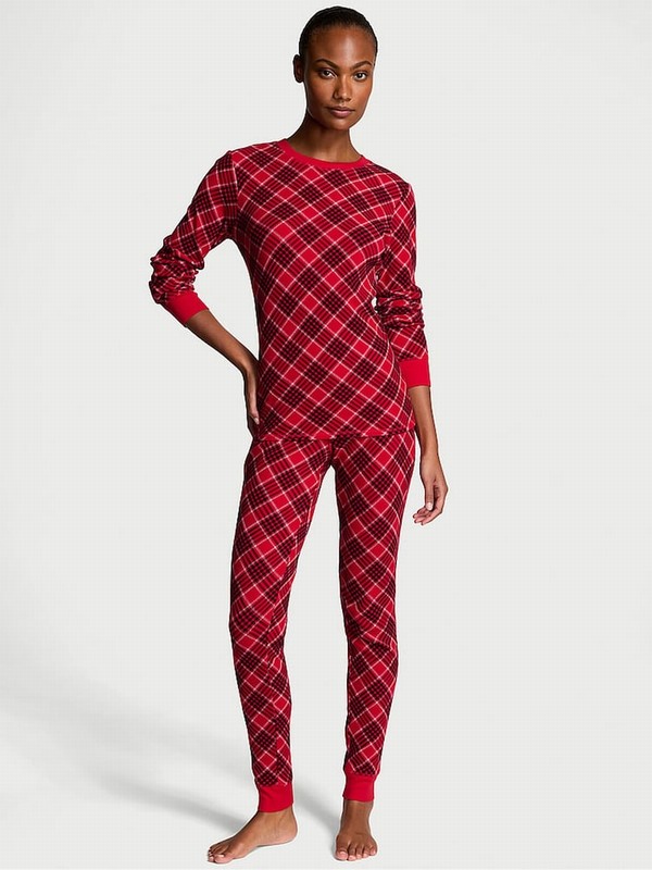 Red Victoria Secret Lipstick Lovely Plaid Thermal Long Nightwear | NIUKA6495