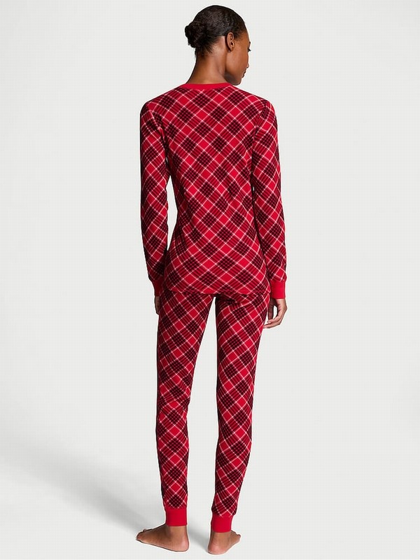 Red Victoria Secret Lipstick Lovely Plaid Thermal Long Nightwear | NIUKA6495