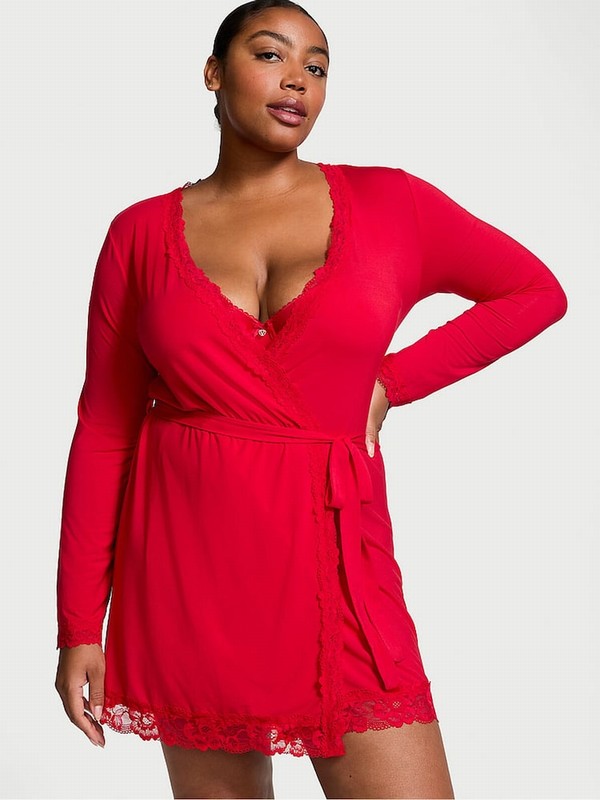 Red Victoria Secret Lipstick Modal Lace Trim Robe Nightwear | OSEMV4512