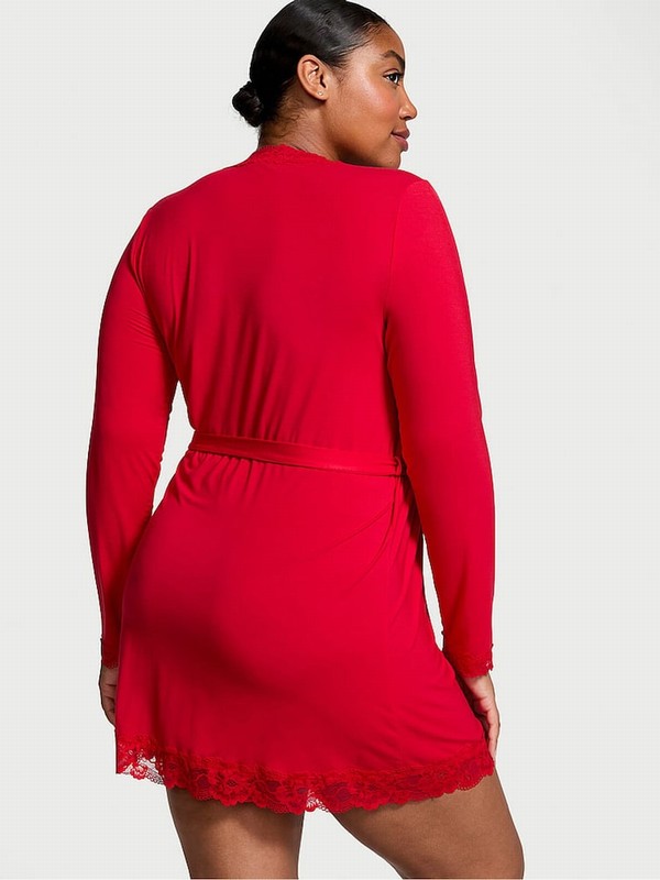 Red Victoria Secret Lipstick Modal Lace Trim Robe Nightwear | OSEMV4512