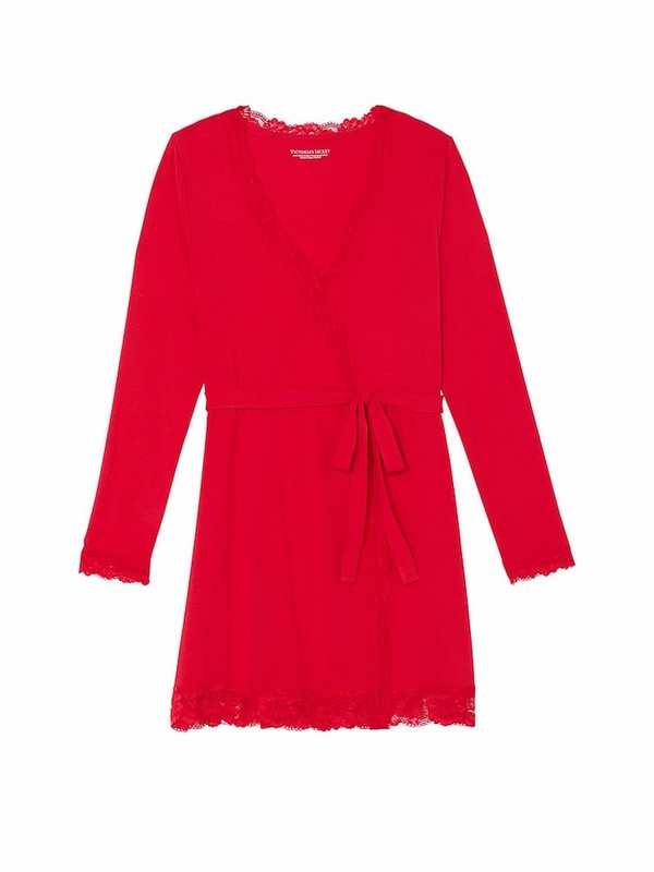 Red Victoria Secret Lipstick Modal Lace Trim Robe Lingerie | LSPTJ6173