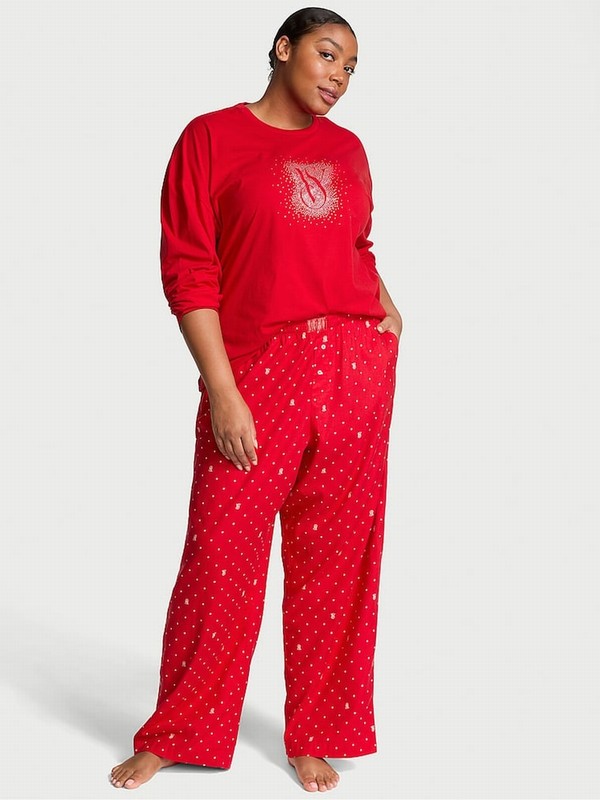 Red Victoria Secret Lipstick Pin Dot Long Sleeve Flannel Nightwear | KGUSX8915