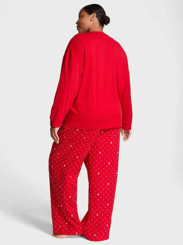 Red Victoria Secret Lipstick Pin Dot Long Sleeve Flannel Nightwear | KGUSX8915