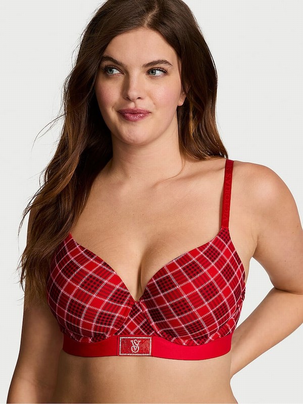 Red Victoria Secret Lipstick Plaid Lightly Lined Demi Shine Patch Bras | IQPUF9738