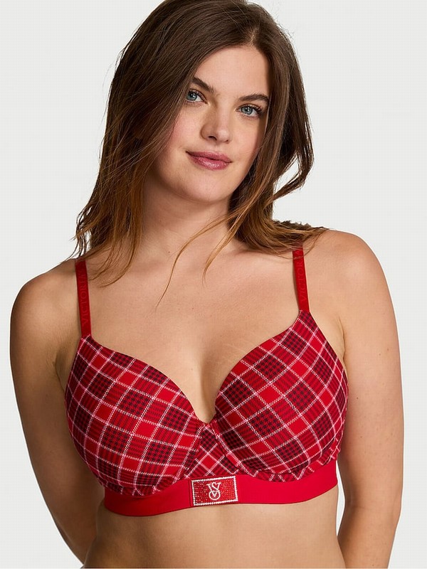Red Victoria Secret Lipstick Plaid Lightly Lined Full Cup Shine Patch Bras | DSNBT8795